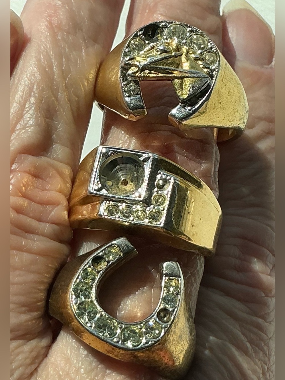 3 Men’s Rings. Gold-tone. MISSING STONES. Unknown Sizes. Vintage